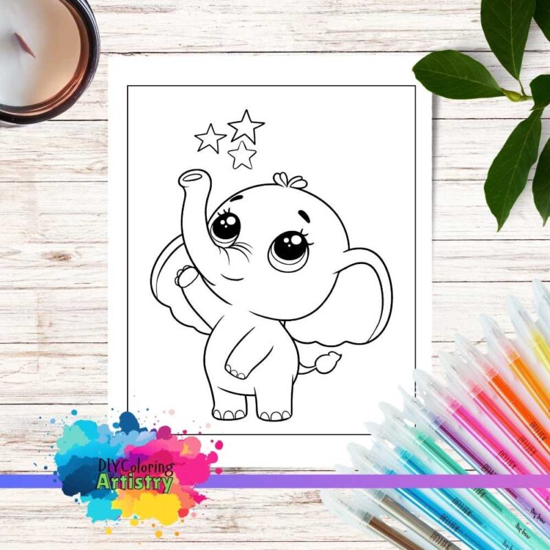 Baby elephant with stars coloring page