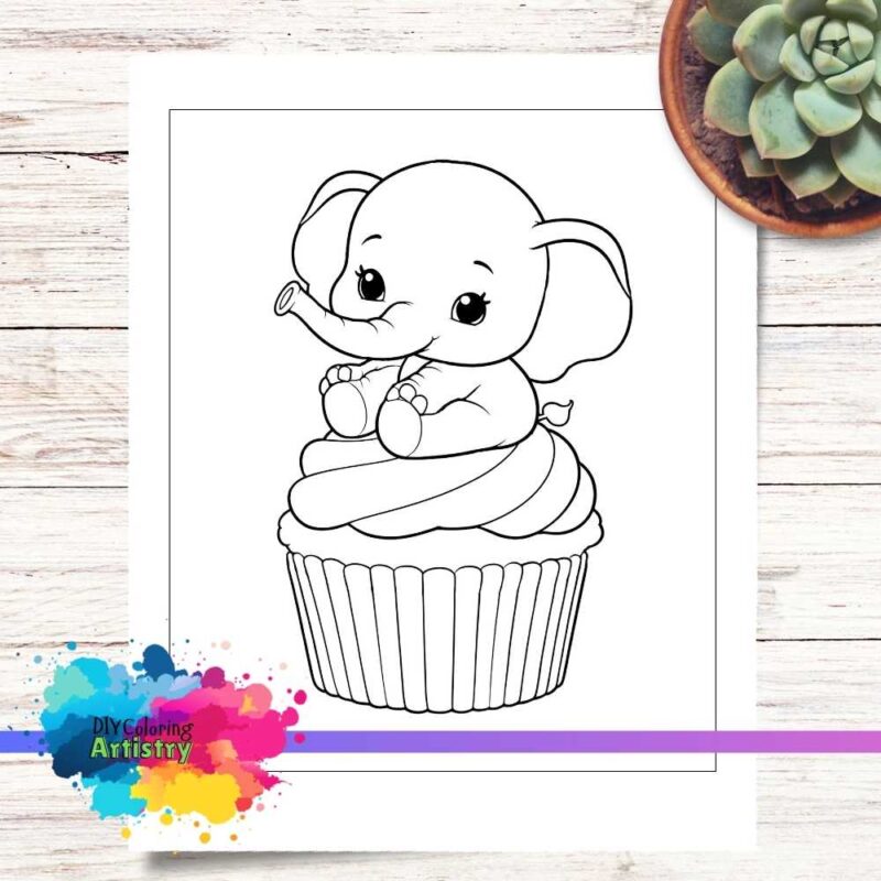 Cupcake elephant coloring page