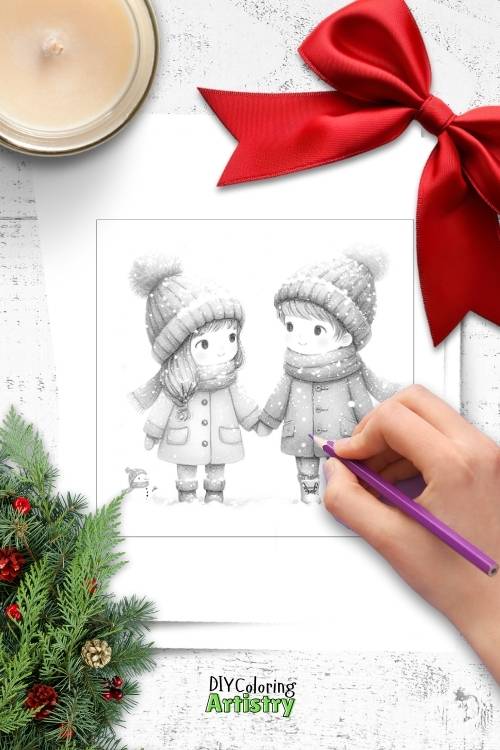 Kids Holding Hands Cozy Winter Coloring Pages To Print