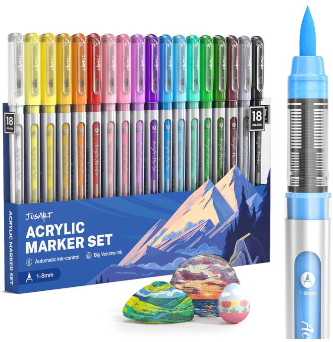 JusArt Acrylic Paint Markers Brush Tip 18 Colors